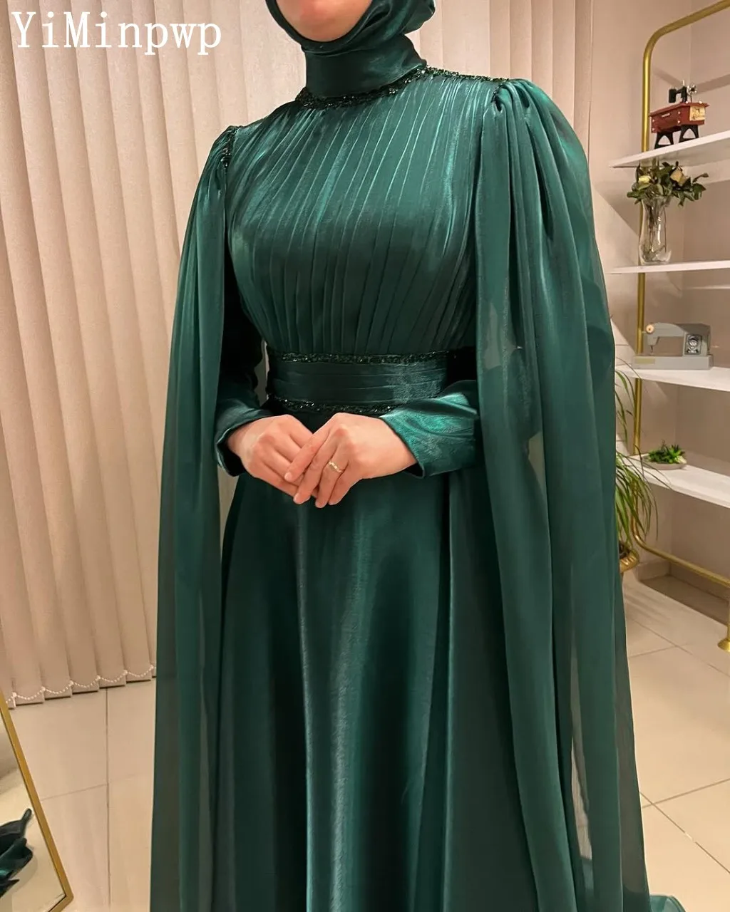Gaun Malam Arab untuk Hijab Kerah Tinggi Lengan Panjang Lipit Gaun Pesta Pertunangan Pernikahan فساتين سهرة Disesuaikan