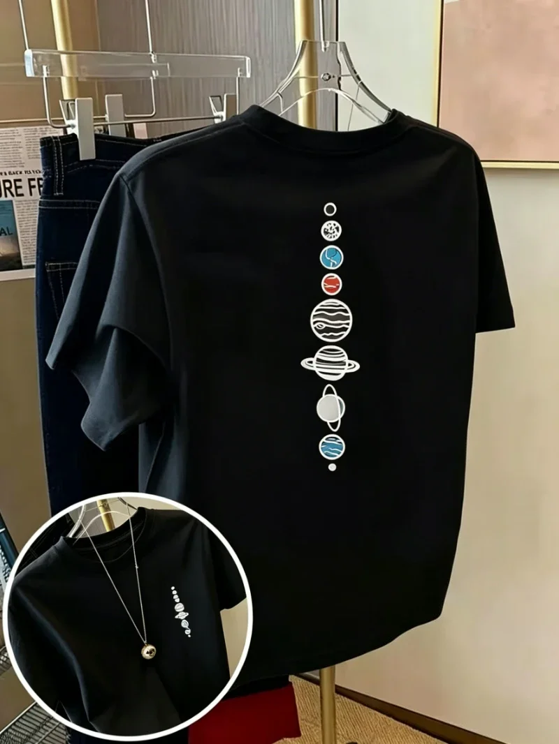 Vintage Solar System Eight Planets Galaxy Graphic T-Shirt, Casual Round Neck Tee For Daily Dating Party Holiday Street Wear