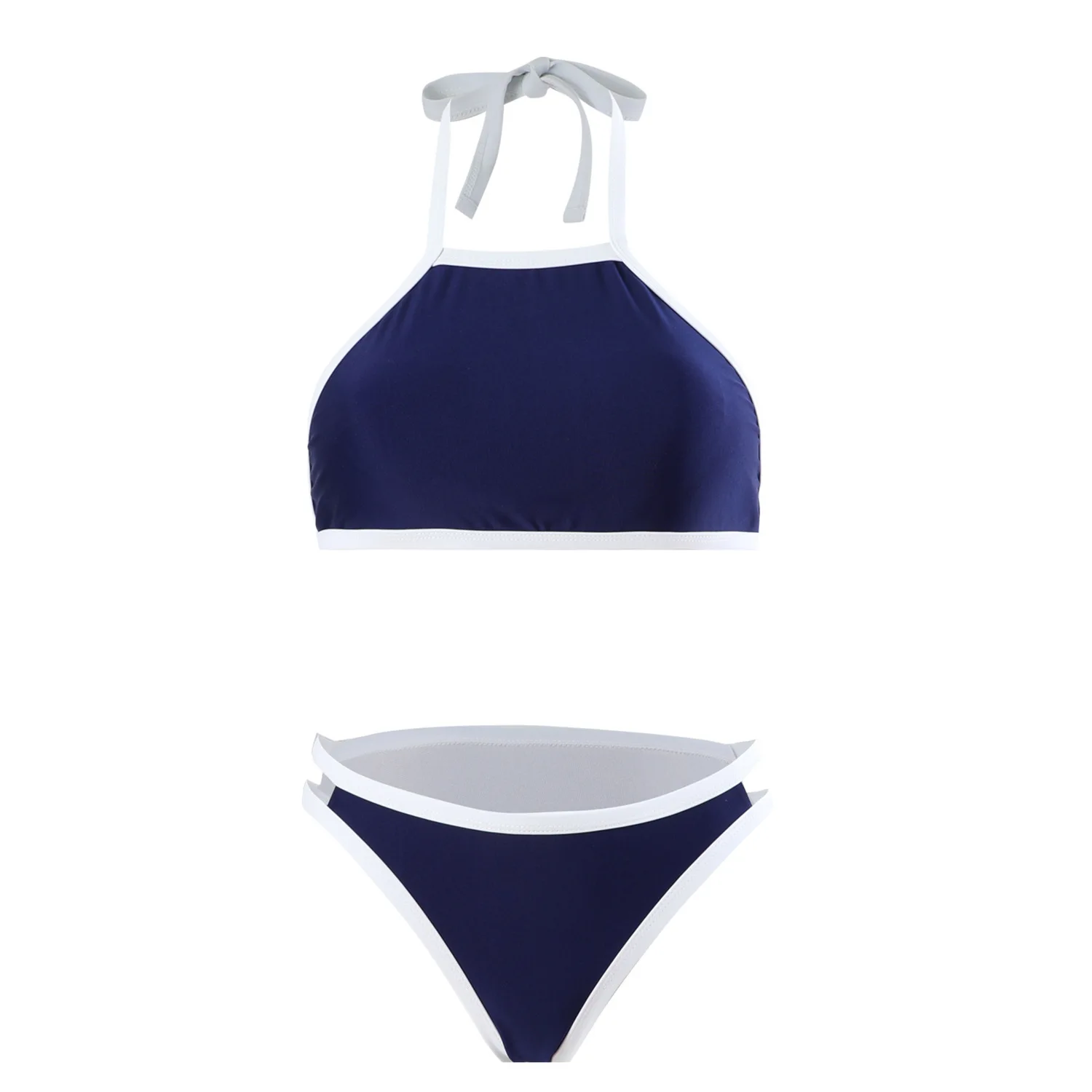 

2025 New Women's Navy Blue White Color Block Halter Bikini Set With Padded Top Quick Dry for Beach Vacation Swimming