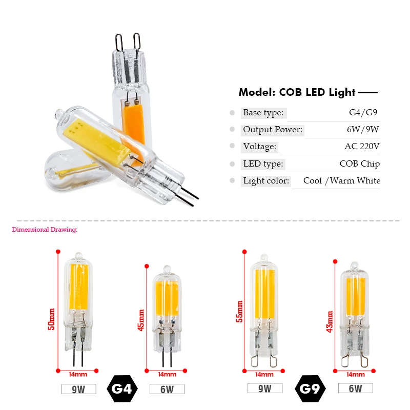 Imagem -02 - Lâmpada Led g9 Super Brilhante ac 220v 6w 9w Vidro g4 Cob Lâmpada Led Lâmpada Branca Quente e Fria Holofote Substitua a Luz de Halogênio