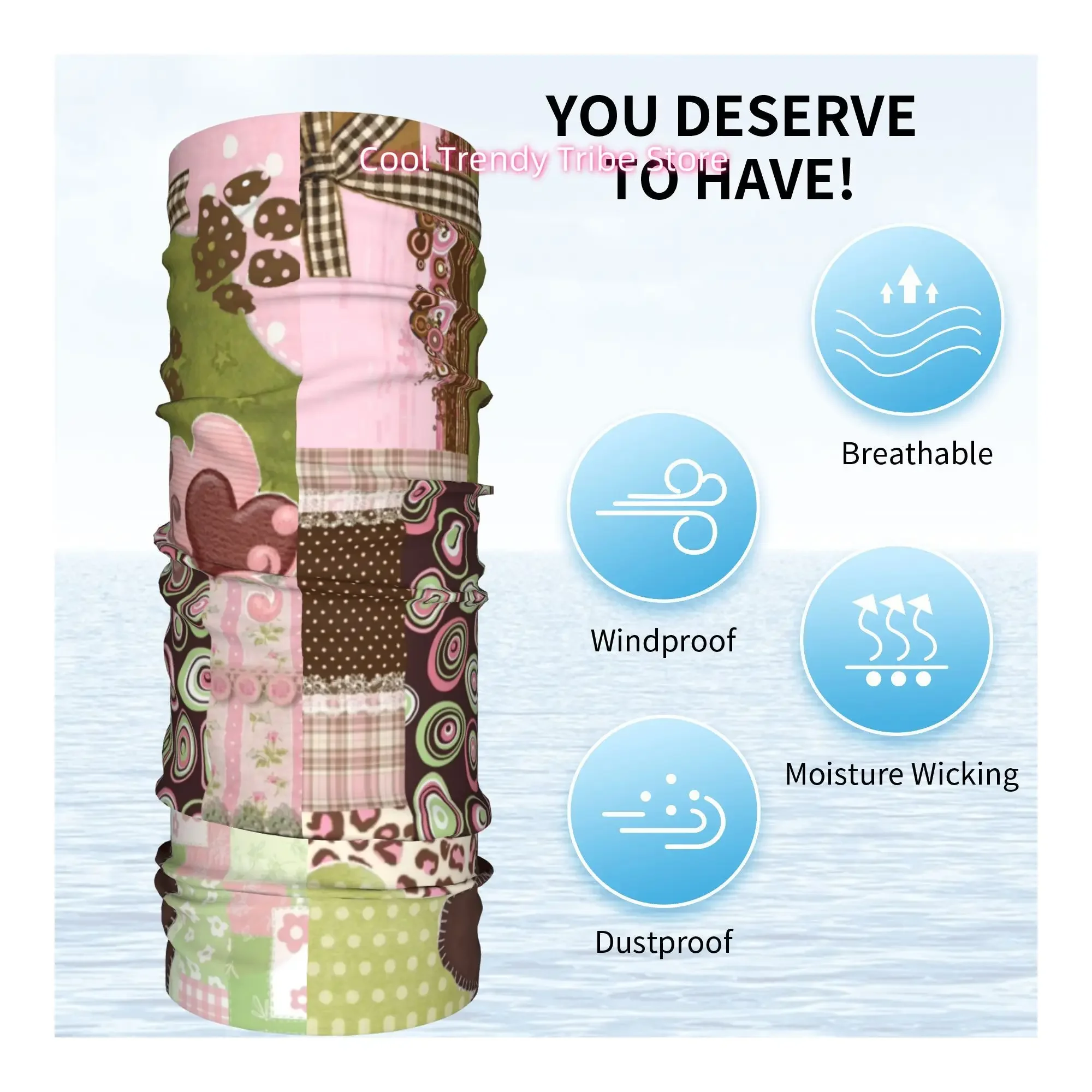 Women' Boho Retro Patchwork Head Scarf Bandana with Hearts & Lace Floral Print - Pink Brown Green Hair Wrap Suitable for Summer