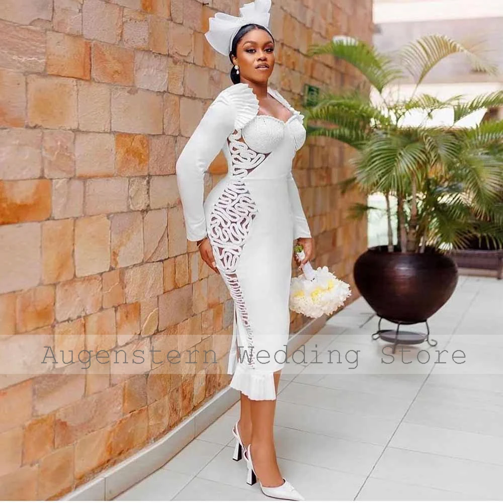 Traditional Wedding Dresses Saudi Arabia Jersey Sheath Wedding Prom Dress White Sweetheart Ruffles Hollow Midi Wedding Dress