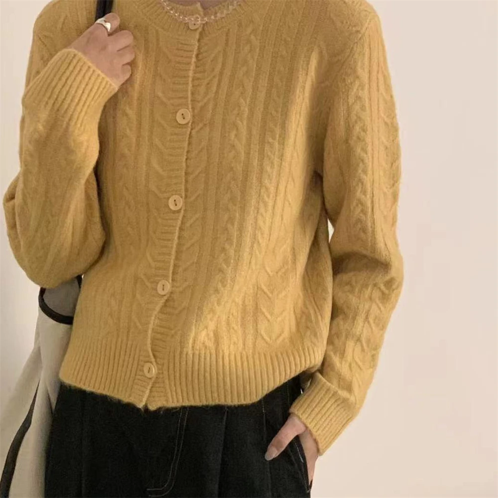 부드럽고 아늑한 기본 단색 니트 스웨터 꼬임 꽃무늬 디자인 오픈 가디건 여성용 가을 시즌 아우터웨어