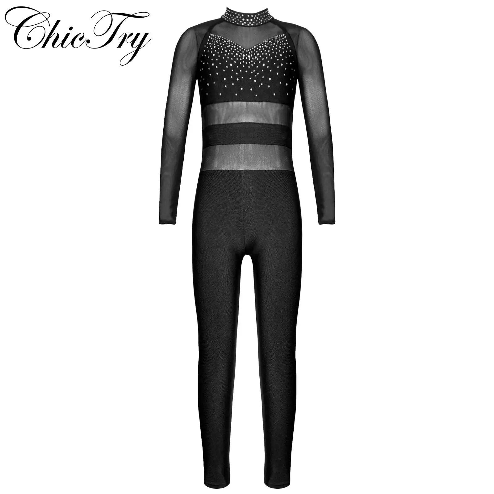 Girls Kids Long Sleeve Rhinestone Ballet Dance Leotard Sport Workout Bodysuit Jumpsuits Sheer Mesh Long Sleeve Skating Unitards