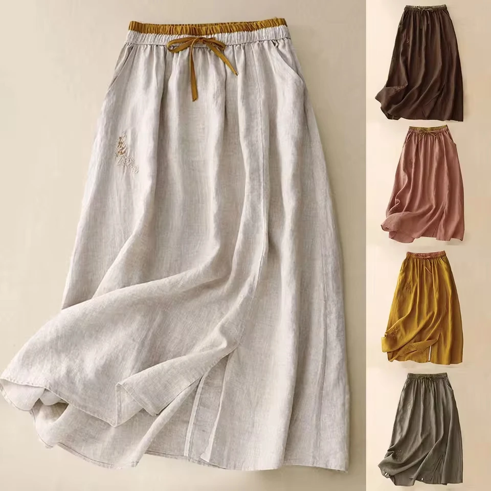 Women Fashion Cotton Linen Skirt Summer Elastic High Waist Solid Color Patchwork Long Skirt Vintage Pleated Solid Skirts