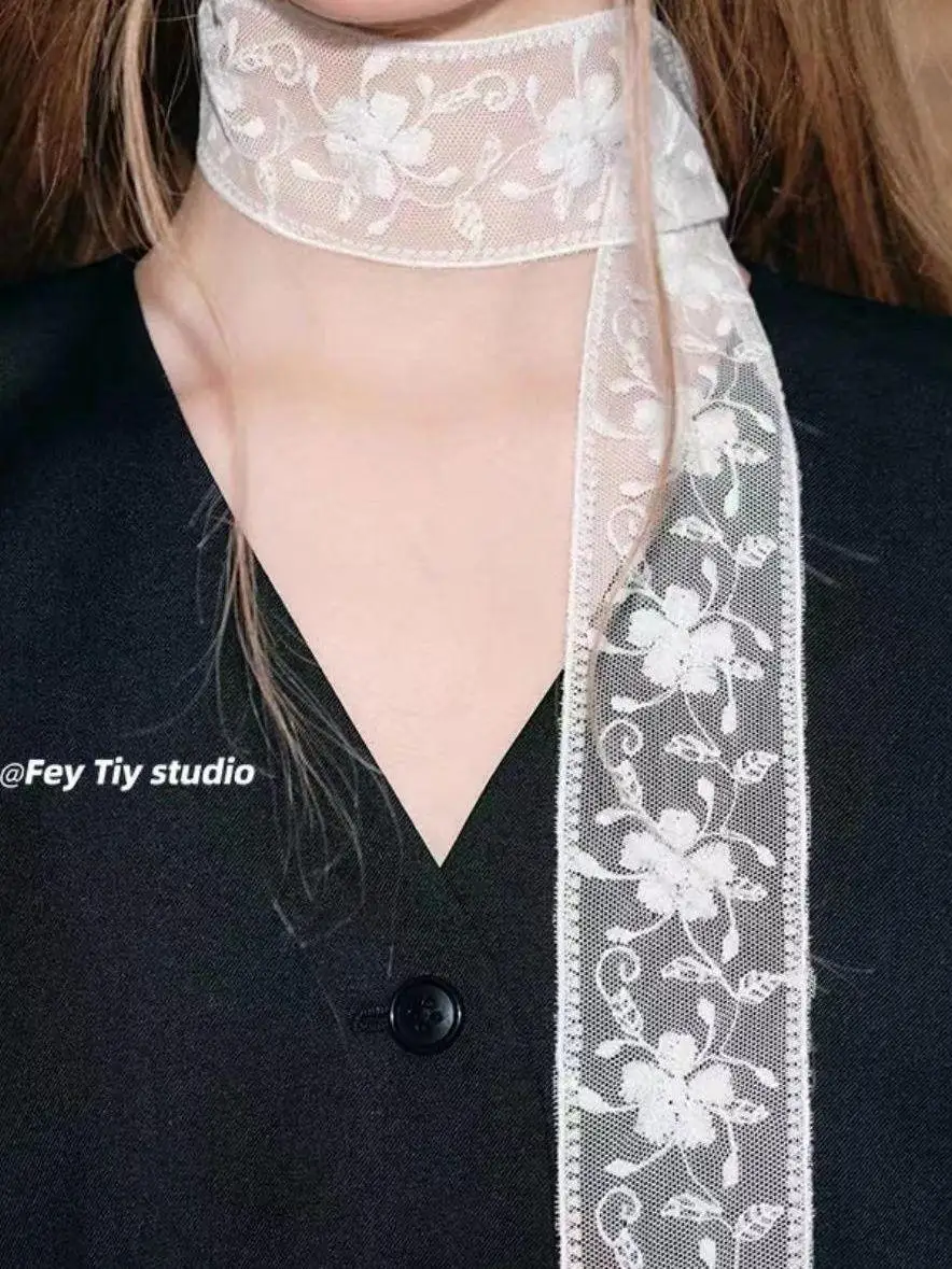 

Elegant Long Narrow Embroidered Lace Scarf for Women Summer Versatile Decorative Thin Version Floaty Neck Scarf Clavicle Chai...