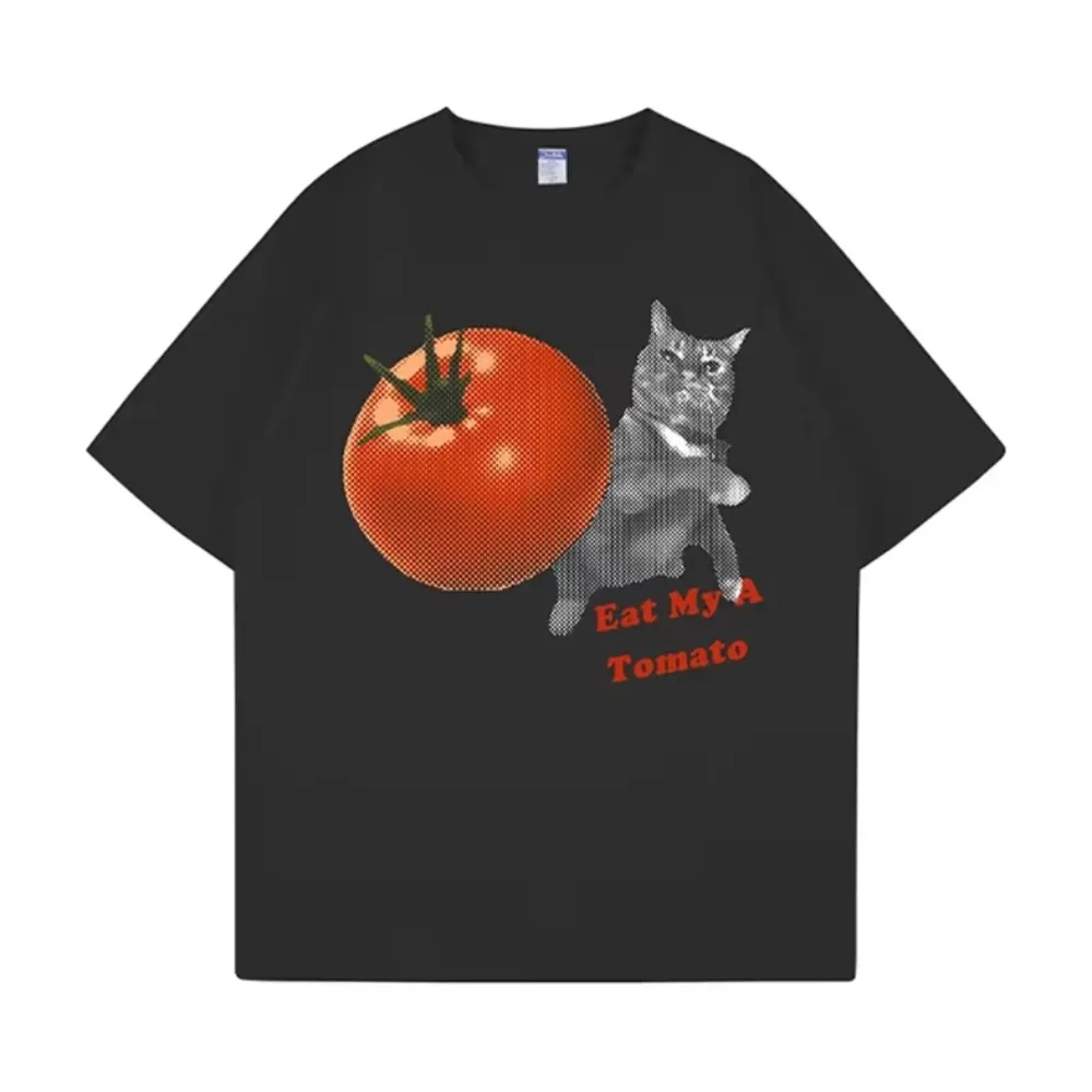 Funny Cat Meme T-shirt Tomato Throwing Kitten Printed T-shirt Couple's T-shirt Women's Comfortable T-shirt