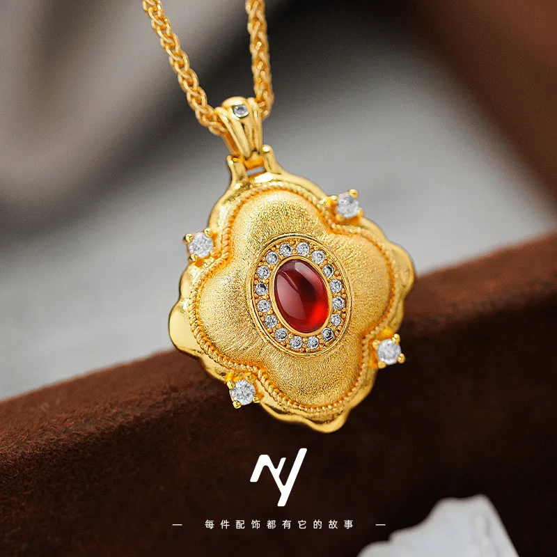 

Light Luxury Design Design, Gilded Begonia Ancient Method 9999 24K Real Gold Necklace Inlaid with Diamond Ruby Brushed Pendant