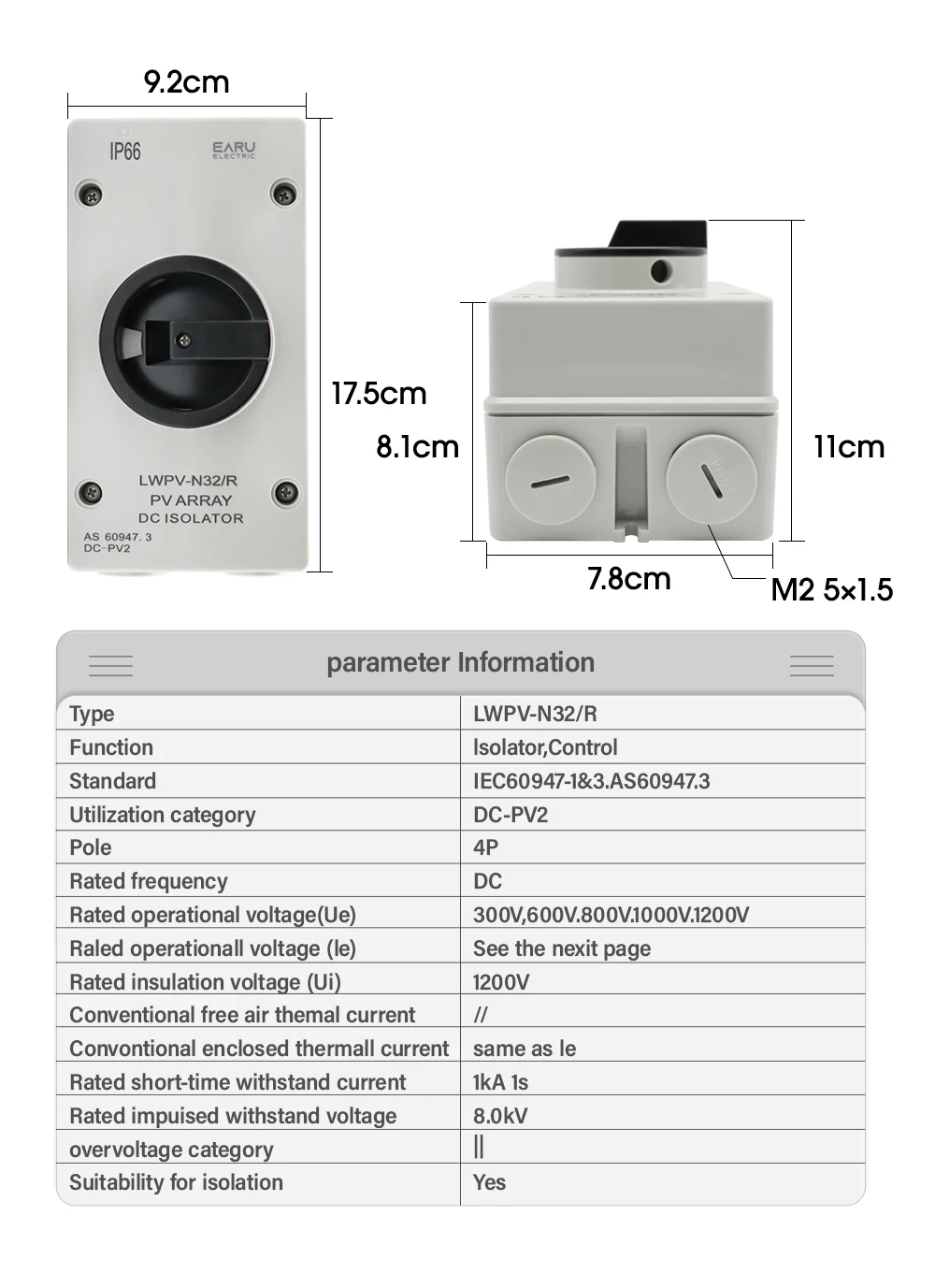 PV DC 1200V 32A LWPV-N32/R IP66 Waterproof Solar Rotating Handle Isolator Rotary Switch Disconnector For Solar distribution box