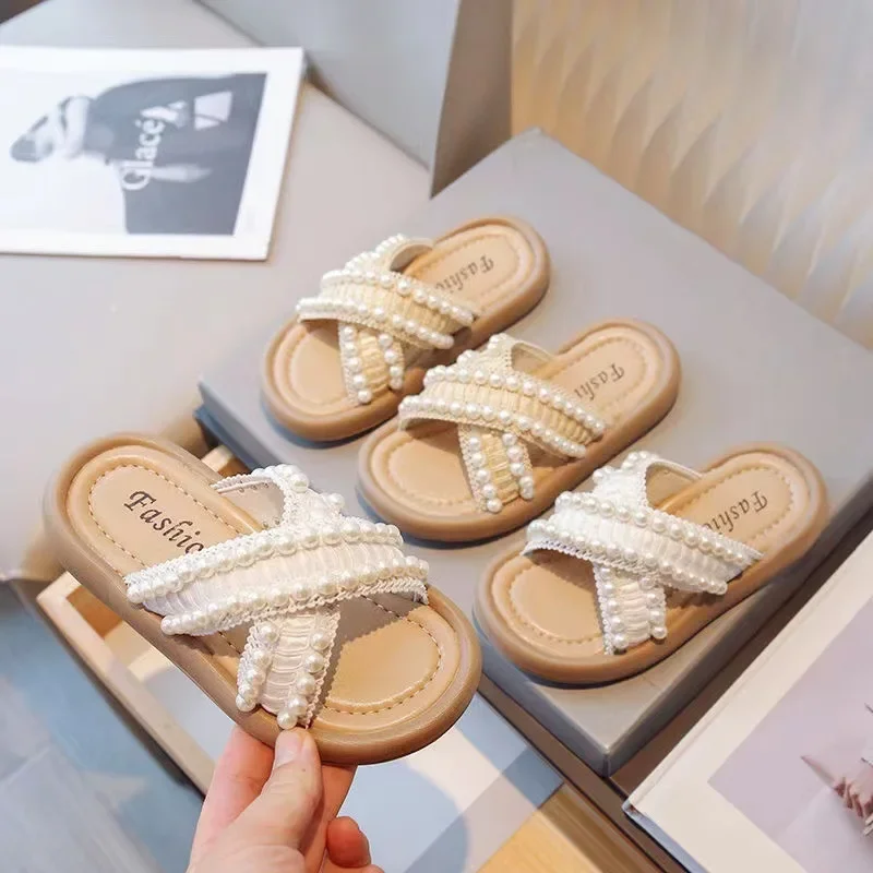 Children's Sandals Cross-strap Pearl Anti-slip Slippers Toddler Girl Shoes Shoes for Kids Girls