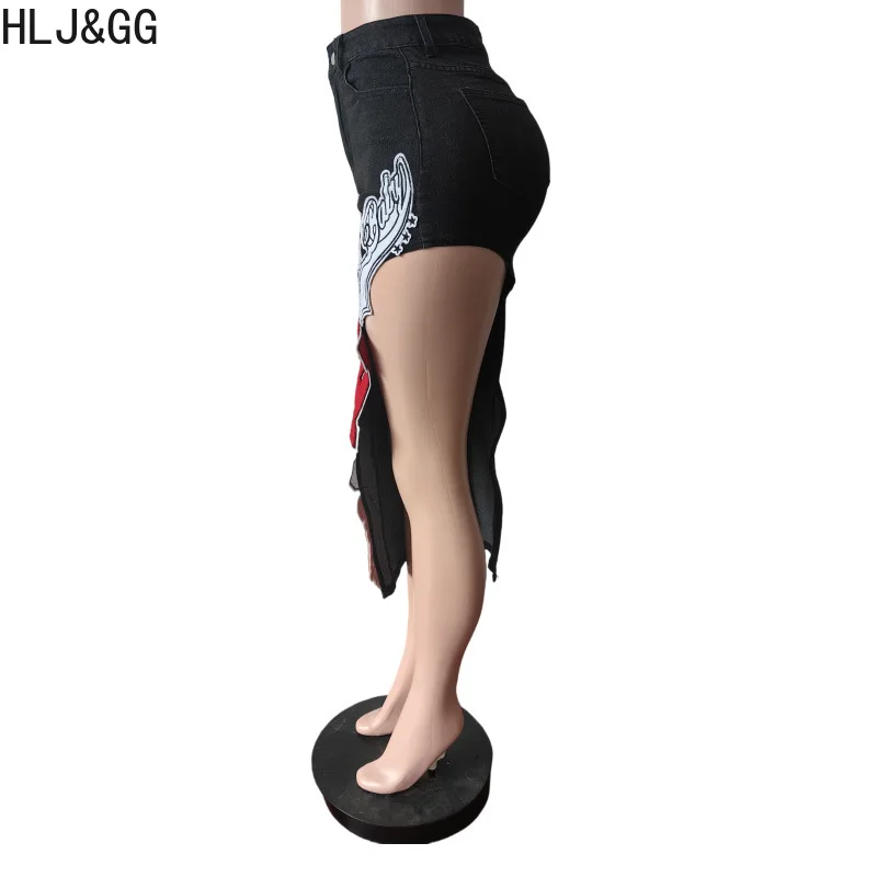 HLJ & GG mode broderie lettre irrégulière maigre Denim jupes femmes taille haute bouton poche Cowboy bas femme Streetwear