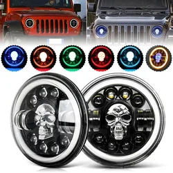 7 Inch Round LED Motorcycle Headlamp Automatic Turning Lights Skull Headlights Davidson For Jeep Wrangler