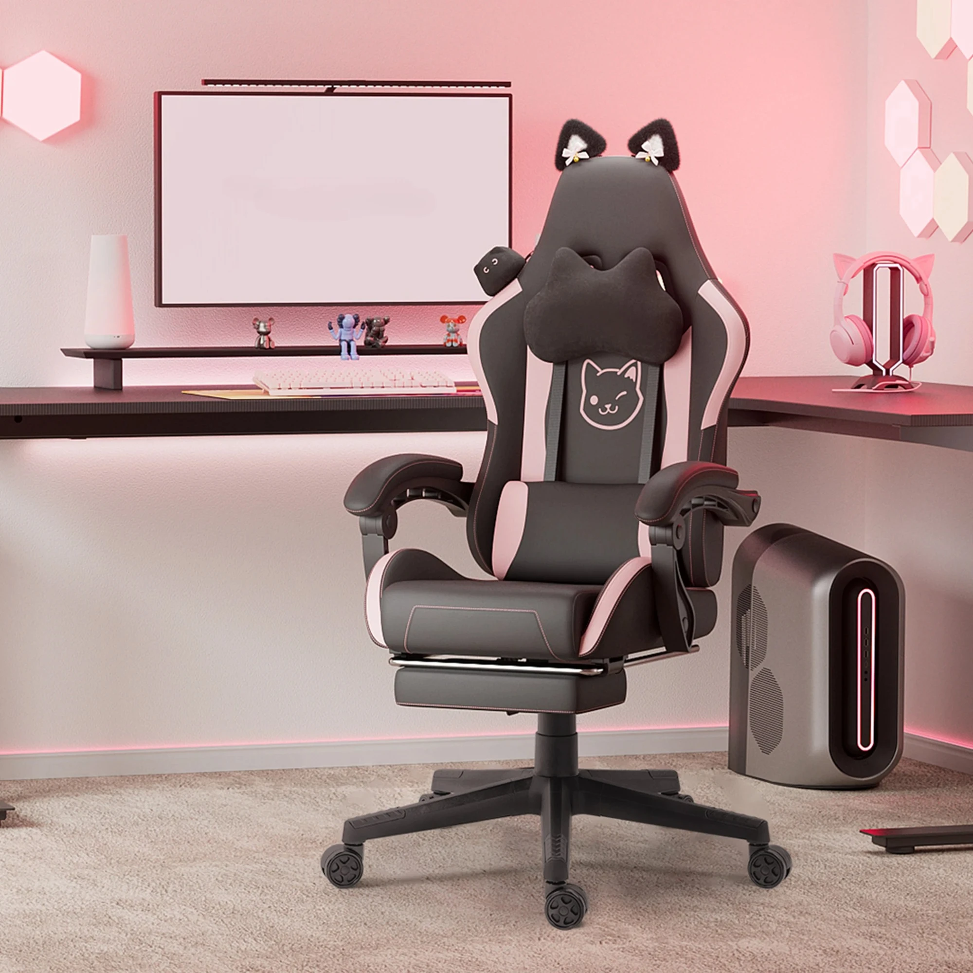 

Dowinx Gaming Chair Cute with Cat Ears and Massage Lumbar Support, Ergonomic Computer Chair for Girl with Footrest and Headrest