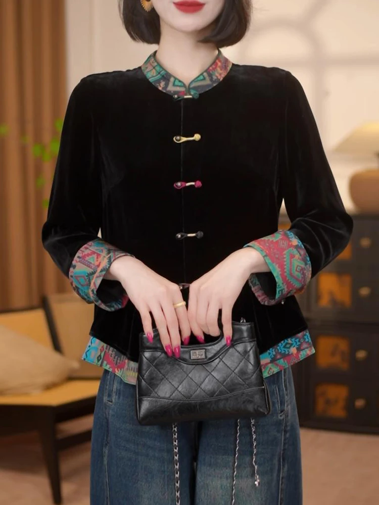 New Chinese Style Color Block Black Shirt Women's Spring Autumn Lightweight Luxury Design Open Cardigan Jacket Commute Style ...