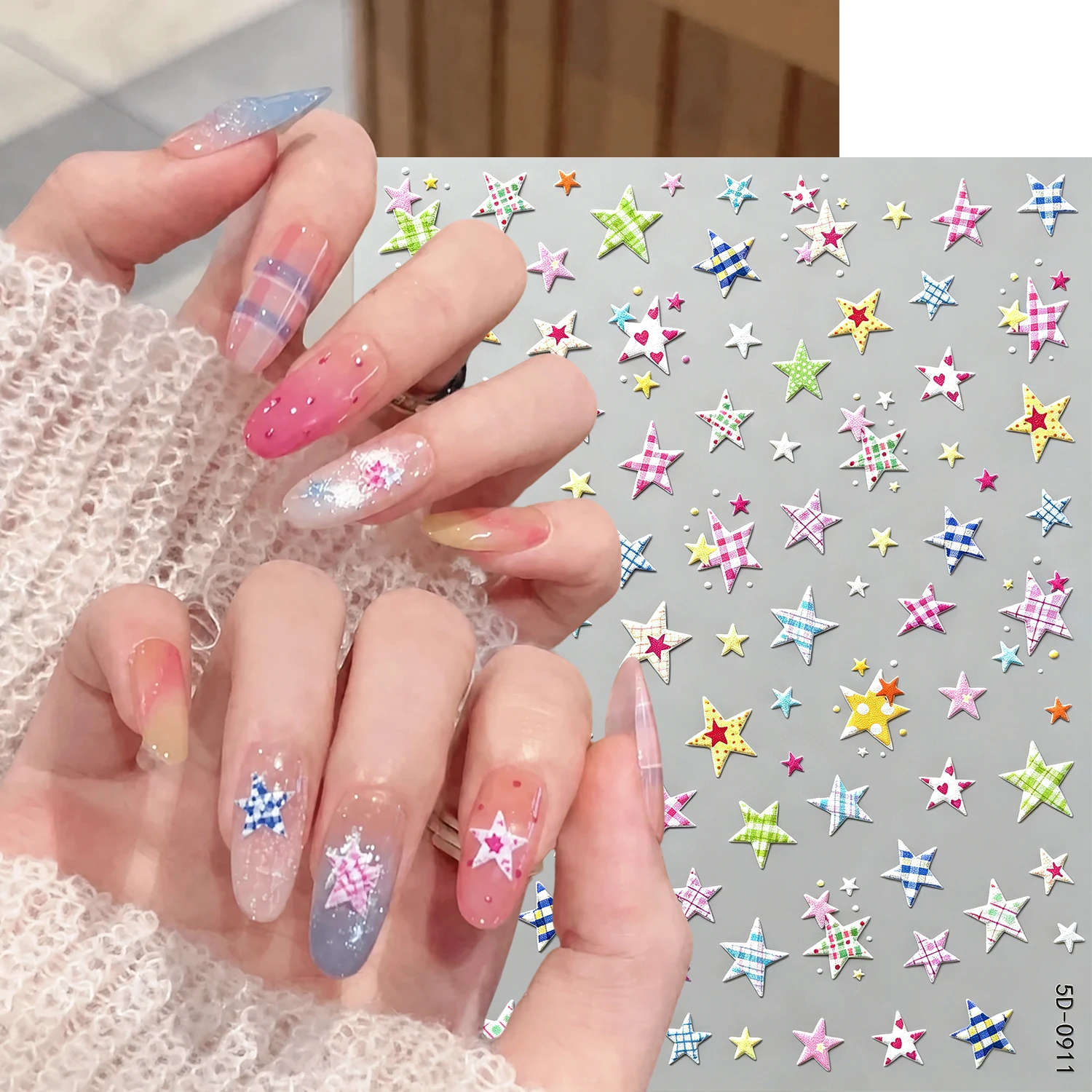 5D Colorful Plaid Star Nail Stickers Y2K Sweet Cute Pentagram Self‑Adhesive Nail Decals Checkered Star Nail Art Sliders Sticker