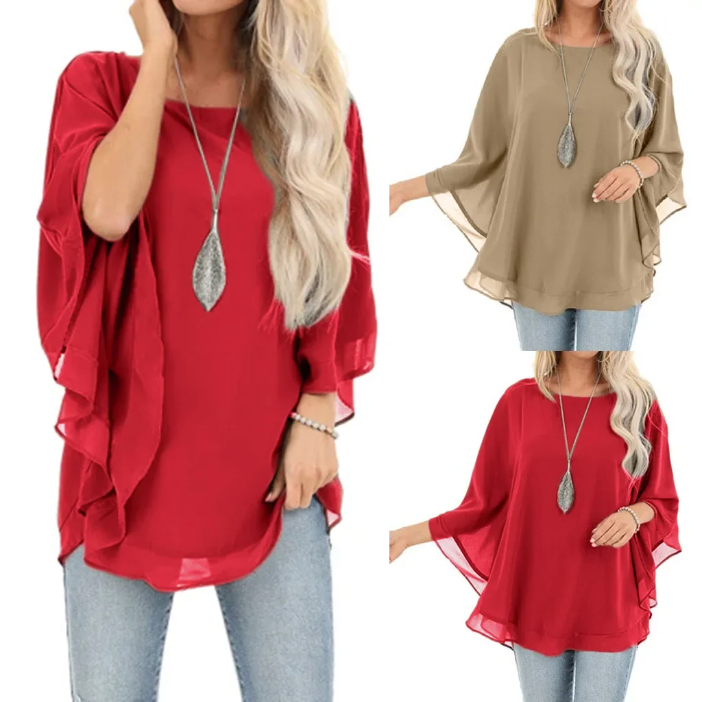 2023 Autumn Stitched Solid Chiffon Round Collar Loose Seven-sleeved Glass Top Blouses for Women Long Sleeve Top Women