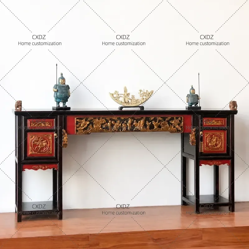 Ming Qing Antique Style Solid Wood Carved Desk with Gold Foil Accents Chinese Traditional Entryway Storage Table for Home