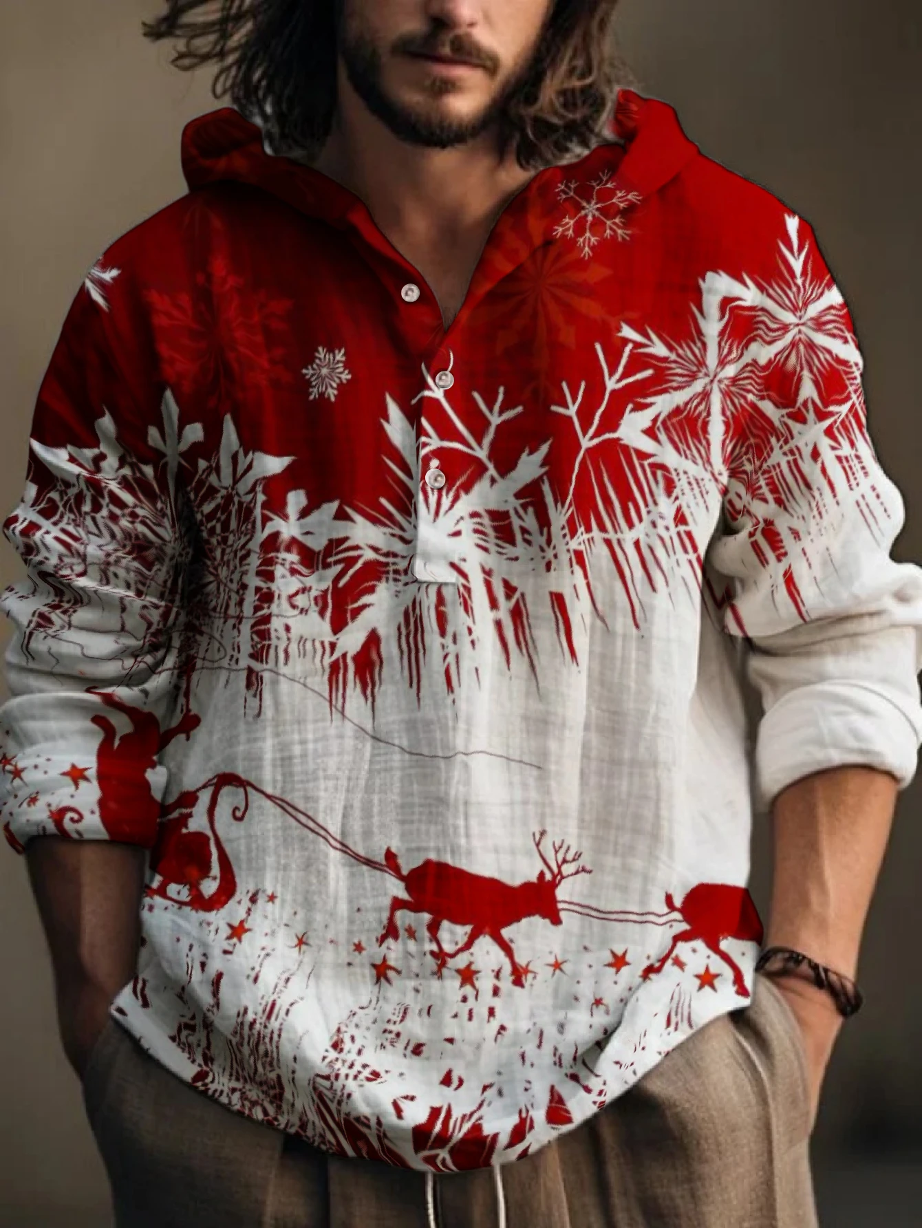 Men's Christmas Reindeer Snowflake Print Hooded Henley Shirt, Long Sleeve Half‑Button Placket Loose Fit Holiday Casual Pullover
