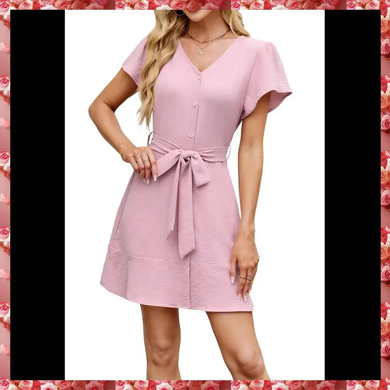 فستان نسائي صيفي كاجوال بأزرار لتغطية السباحة ورقبة على شكل حرف V وأكمام مرفرفة