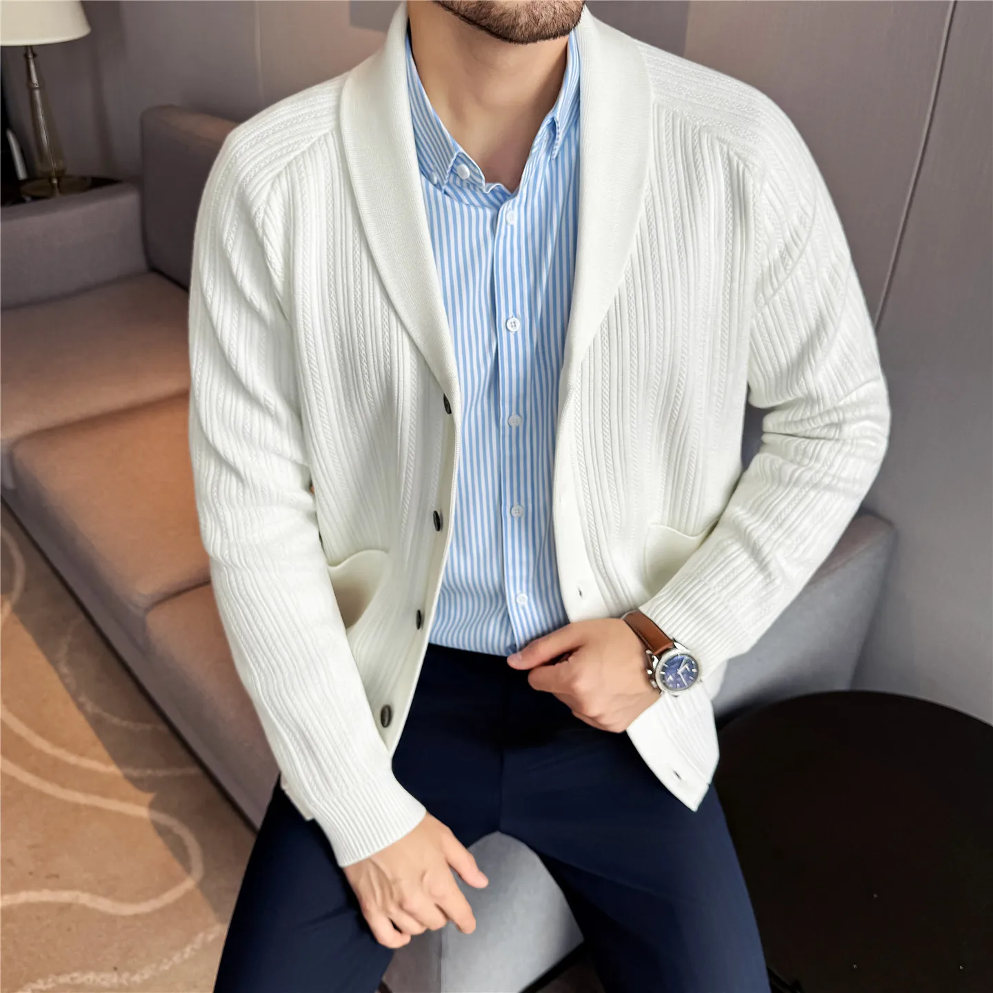 Men's Shawl Collar Knit Cardigan, Old Money Style Stripe Design, Thickened Autumn Winter, White Gray Black