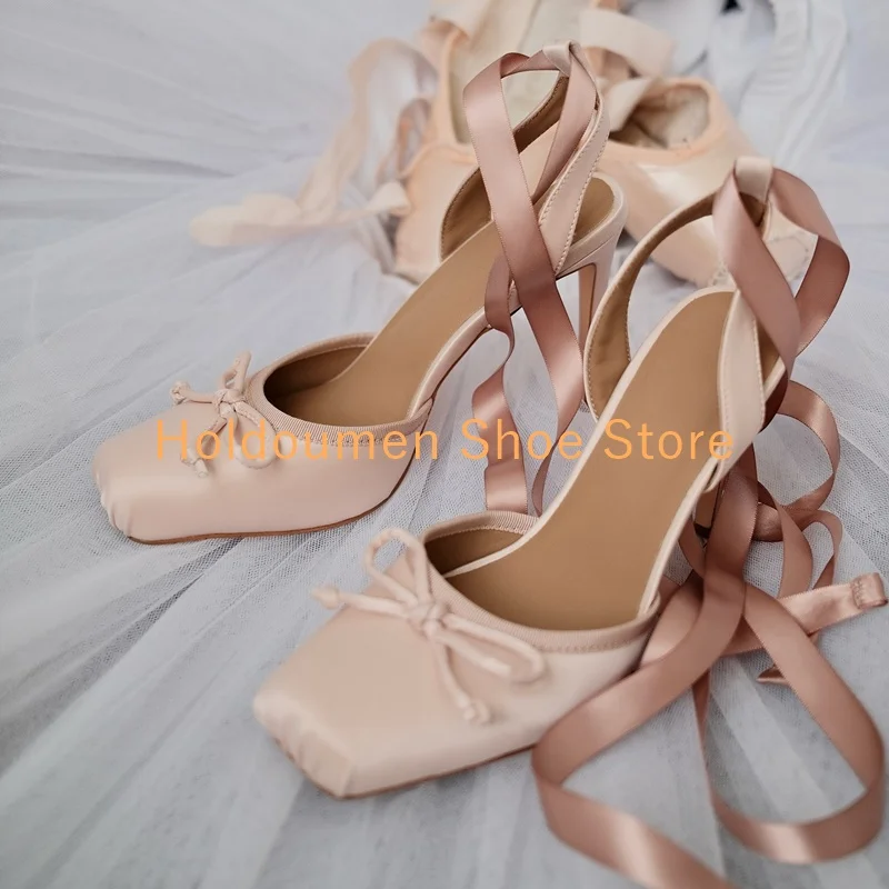 

Women's Square Toe Bow Decor Ribbon Wrap Stiletto Sandals Platform Slingback Sweet Ballet Shoes Banquet Party Dress High Heels