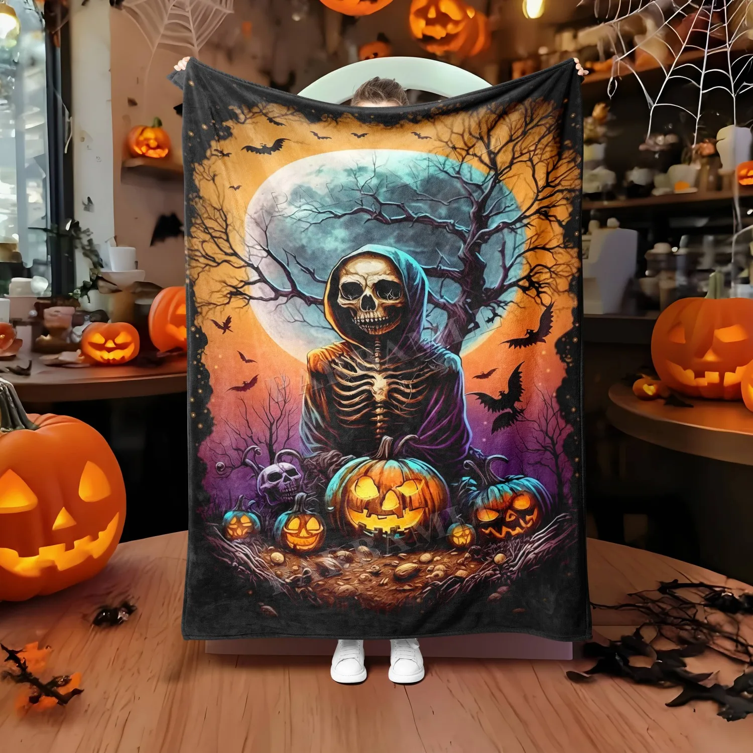 1 STÜCK Halloween-Überwurfdecke, Skelett-Kürbis-Schädel, Geisterfledermäuse, dünne Decke, Geschenke für Couch, Bett, Auto, Zuhause, Camping, alle Jahreszeiten