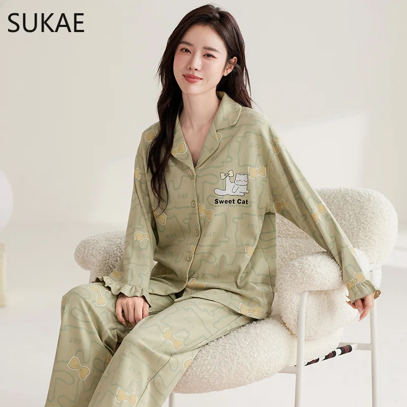 SUKAE Autumn Spring New Women Pajamas Set Turn-down Collor Faux Cotton Long Sleeves Sleepwear Leisure Pijama Lady Chic Homesuits