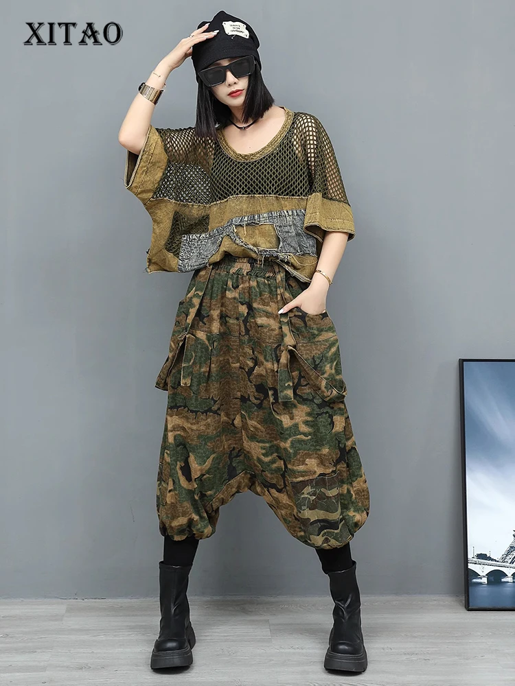 

XITAO Patchwork Hollow Out Denim Sets O-neck Loose Casual Short Sleeve Pocket Elastic Waist Two-piece Personality Sets GYX1663