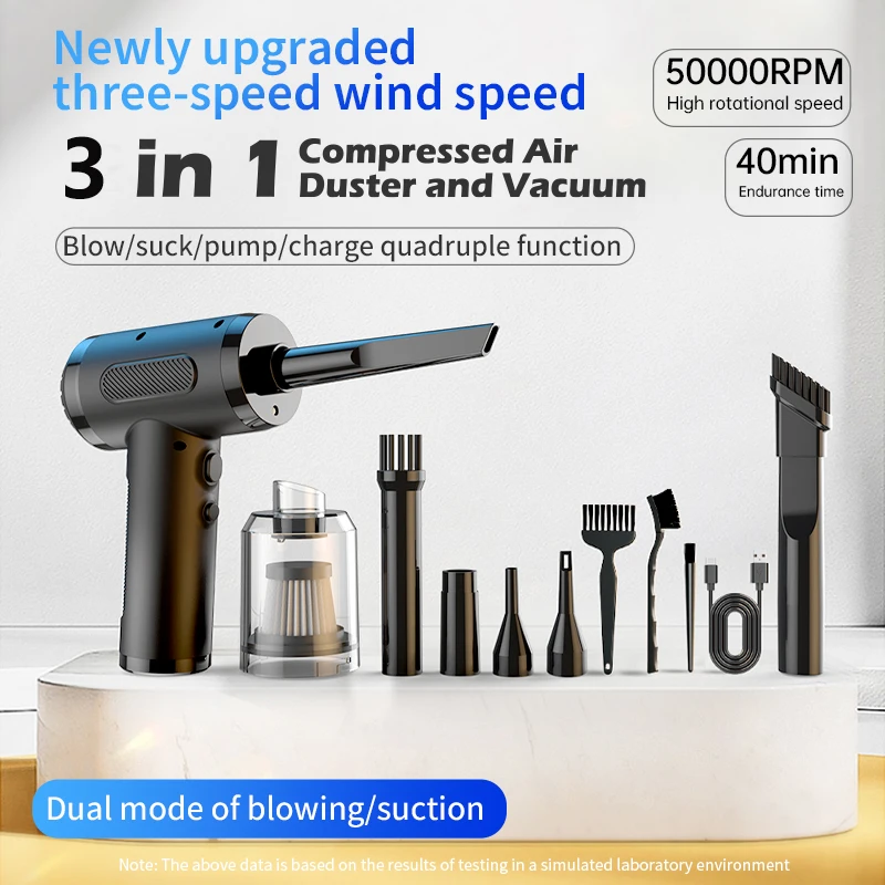 3 in1 Car Air Duster inflator Vacuum compressed Air Prower 50000RPM Type-c Charging Dust collector