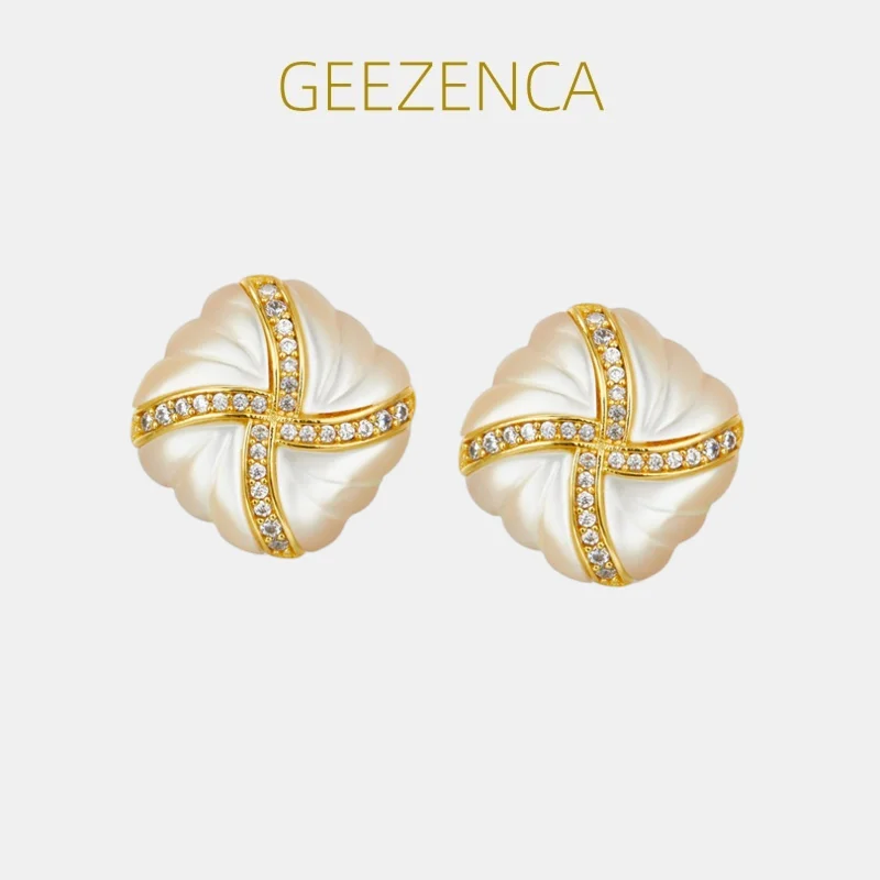 

GEEZENCA S925 Silver White Mother of Pearl Zircon Square Earrings For Women 18K Gold Geometric Chic Luxury Earring 2024 New Gift