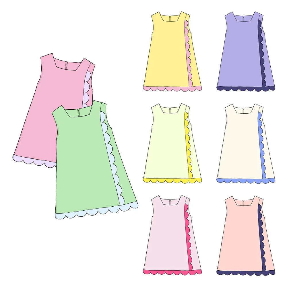 New Arrival Girls Solid Color Dress Sleeveless Scalloped Dress Yoga Material Custom for Kids Fashion