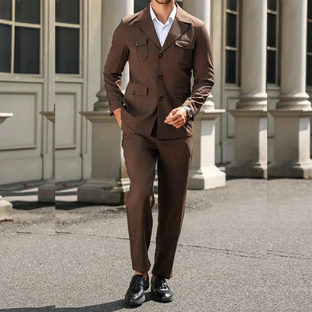 

Роскошные мужские костюмы коричневого цвета, обычная длина, комплект из двух предметов, однобортный деловой пиджак для мужчин, жениха, выпускного вечера, куртка, брюки, наряды