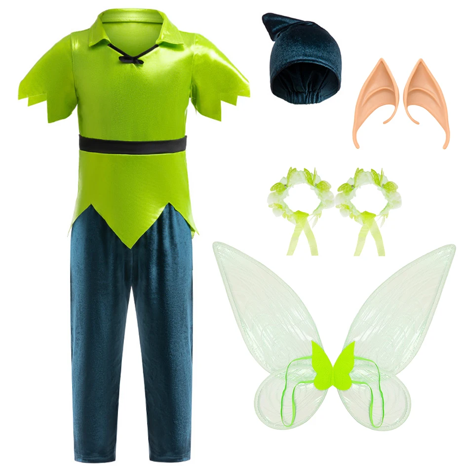 

Toddler Peter Pan Cosplay Costume Kids Halloween Party Performance Outfits Boys Elf Masquerade Role Play Fairy Tale Clothes Sets