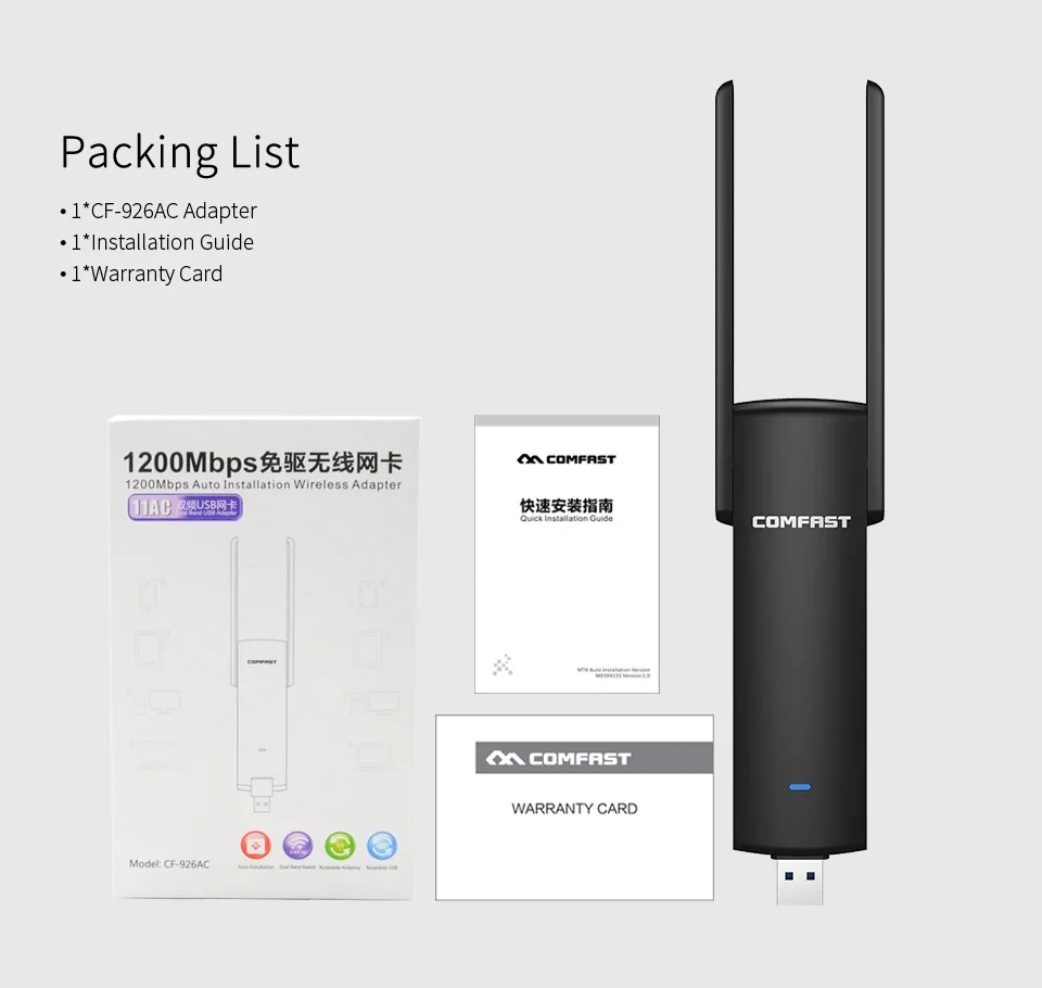 1200Mbps 5Ghz 2.4Ghz USB 3.0 Wifi Adapter Dual Band MT7612U Wi Fi Antenna Dongle LAN Adaptador Windows /Linux Desktop/Laptop/PC