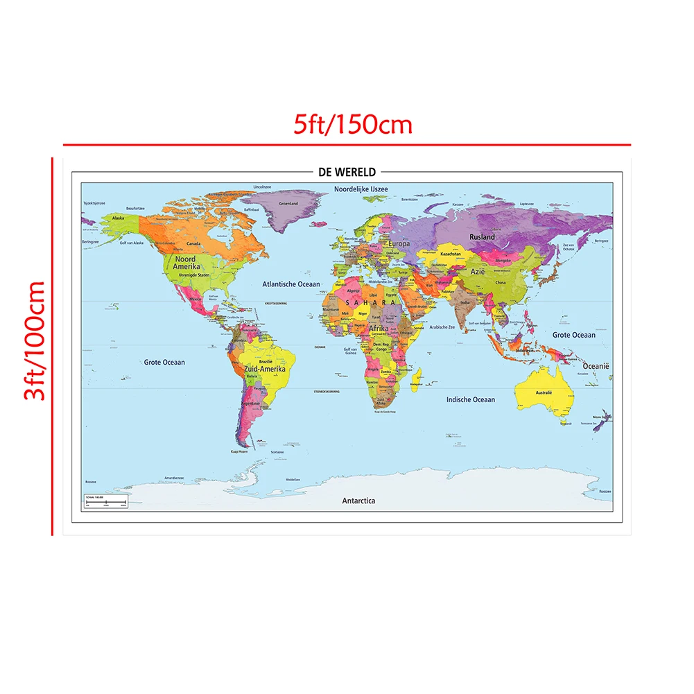 Mapa do mundo em Holandês, Poster detalhado, tela não tecida, arte da parede, quadro decorativo pendurado, escritório e material escolar, 150x100cm