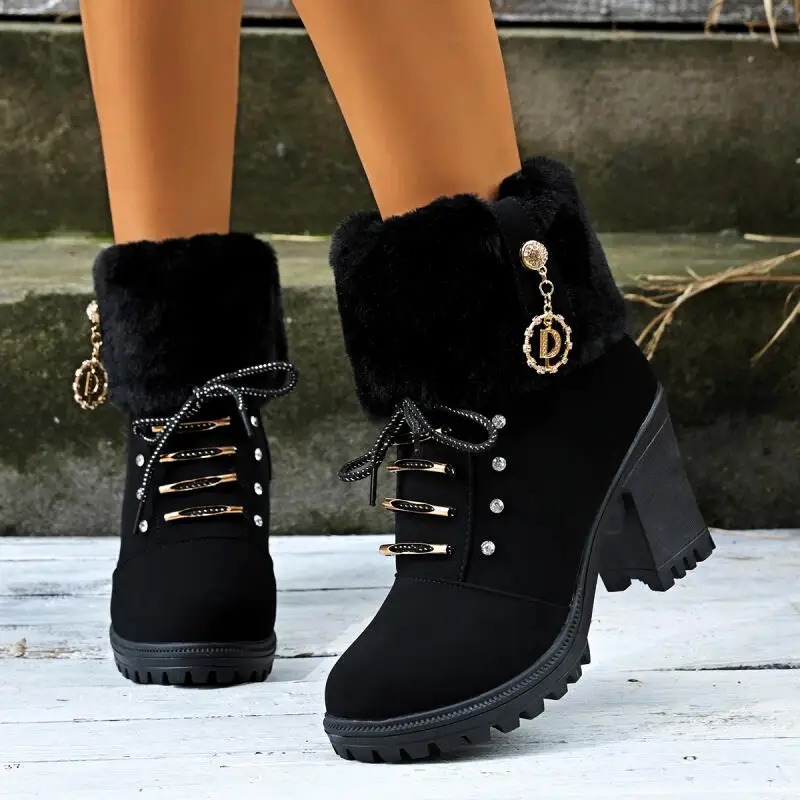 Botas de nieve peludas con plataforma cómoda y tacón grueso para mujer, botines cortos antideslizantes de piel esponjosa para invierno, decoración de Metal, 2025