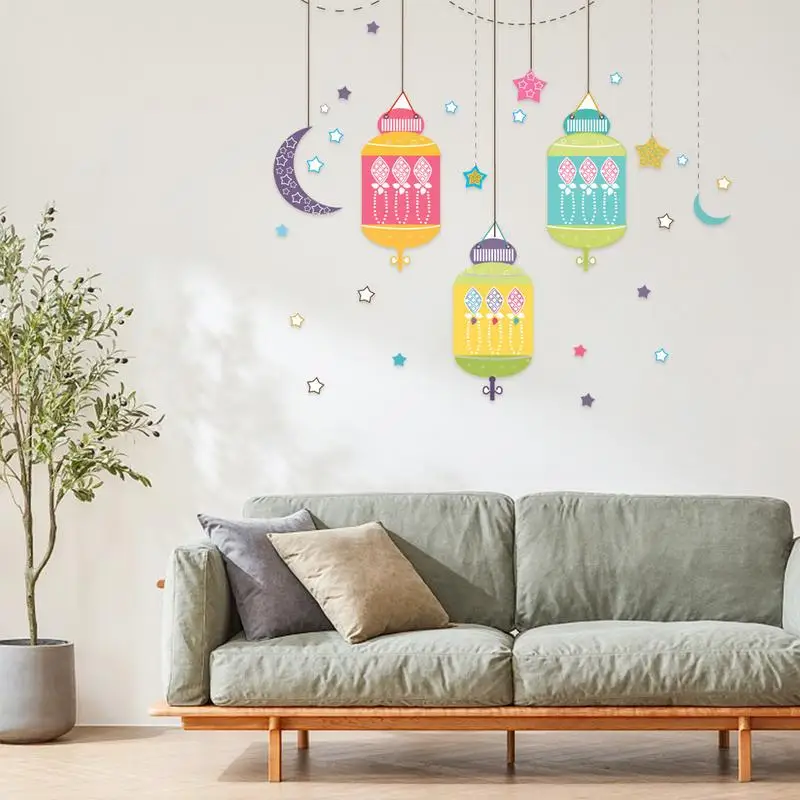 Eid Stickers For Wall Eid Lantern Moon Stars Windows Sticker Al Fitr Party Cling Decals Eid Party Supplies Window Decor PVC Wall