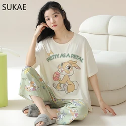 SUKAE Cute Animals Short Sleeves Full Pants Cartoon Sleepwear Women Summer Leisure Pajamas Nightwear Faux Cotton Girls Nightwear