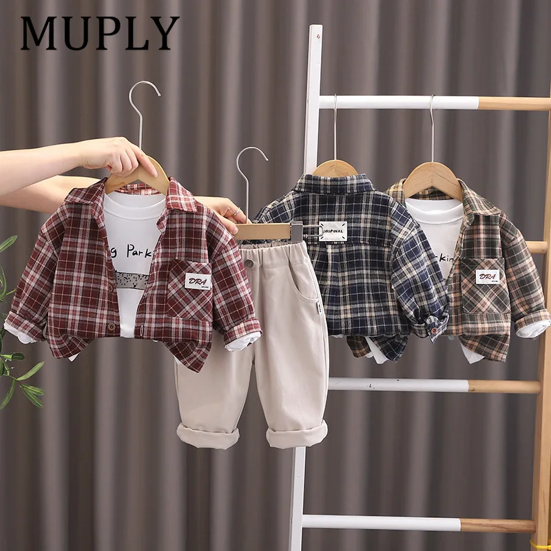 

Boys Suit Spring Autumn New Plaid Shirt Boys Clothes Fashion Fashionable Vintage Jacket Casual Match Three-piece Set 80-120cm
