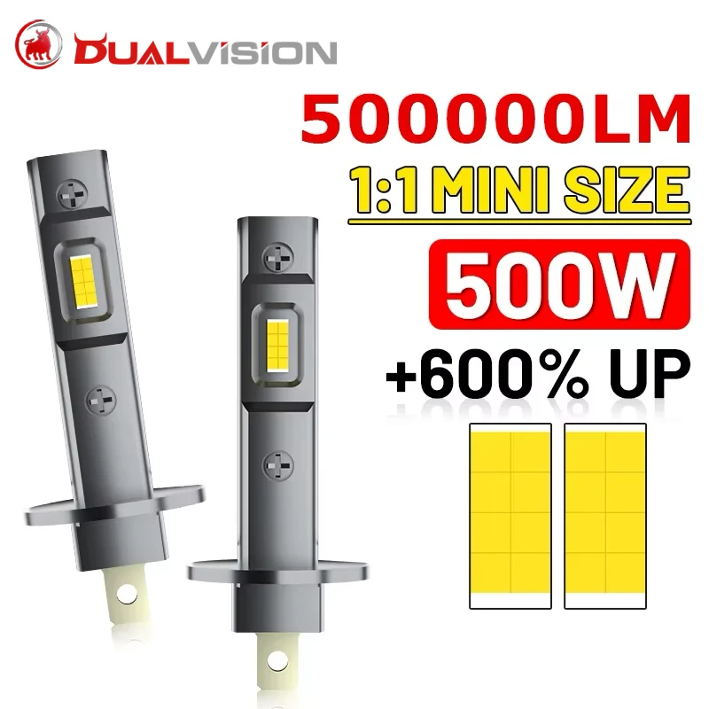 Dualvision H1 LED Headlight 500000LM 6000K 500W 16PCS 7585 CSP High Low Beam Turbo Auto Light 1: 1 Size Fanless Mini 12V 24V 36V