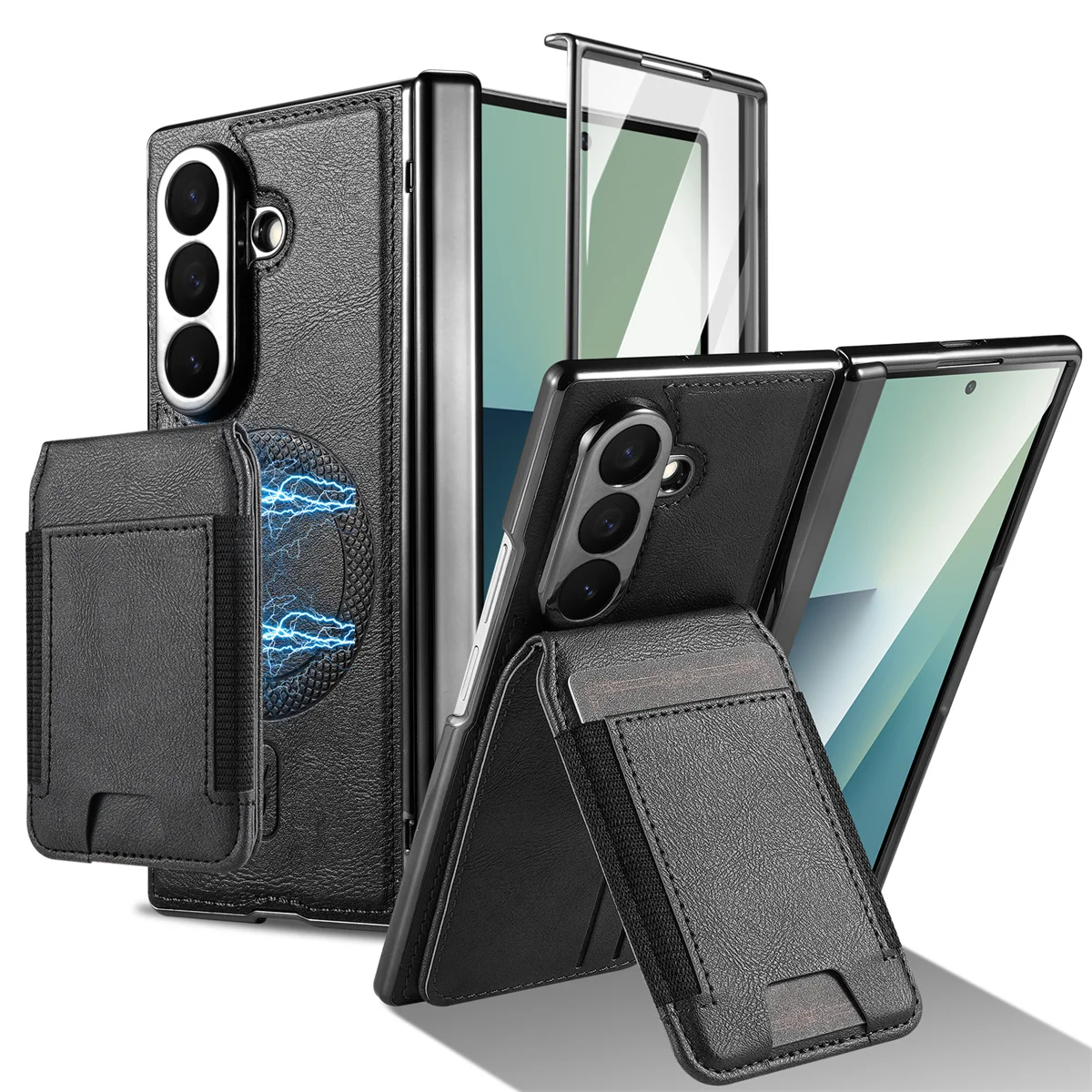

For Samsung Galaxy Z Fold 7 6 5 4 3 for Magsafe Magnetic Leather Hinge Phone Case Screen Protect Film Wallet Cards Holder Cover