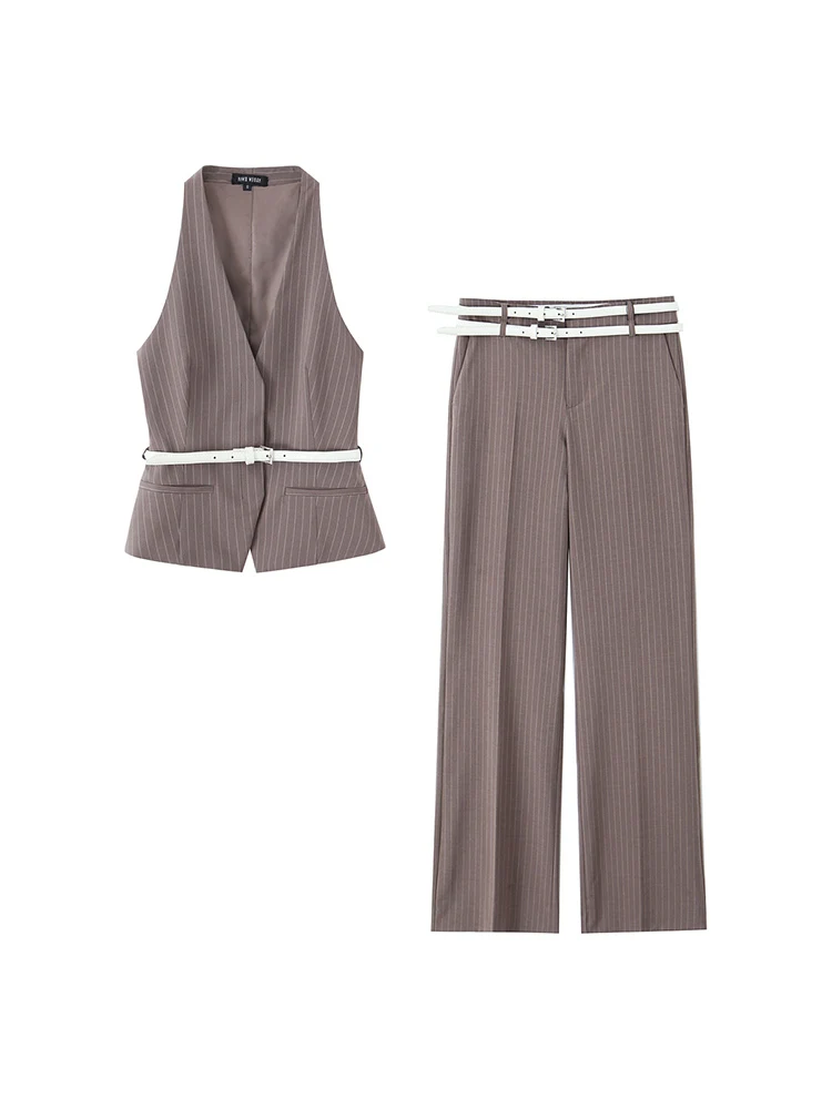 

Willshela Women Fashion With Belt 2 Piece Set V-Neck Tank Tops & Vintage High Waist Trousers Female Chic Lady Pants Sets