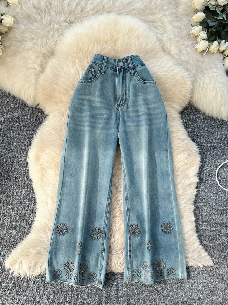 

Design sense heavy industry hollowed out embroidered lace jeans women spring new high waisted loose nine cropped pants