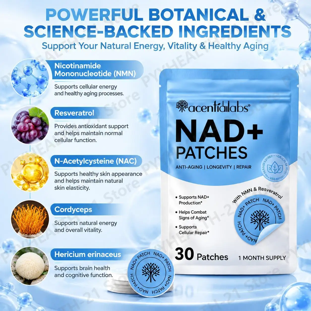 NAD+ Patches Supports NAD+ Production Healthy Aging Cellular Repair Antioxidant NMN Resveratrol NAC Cordyceps Hericium 30Patches