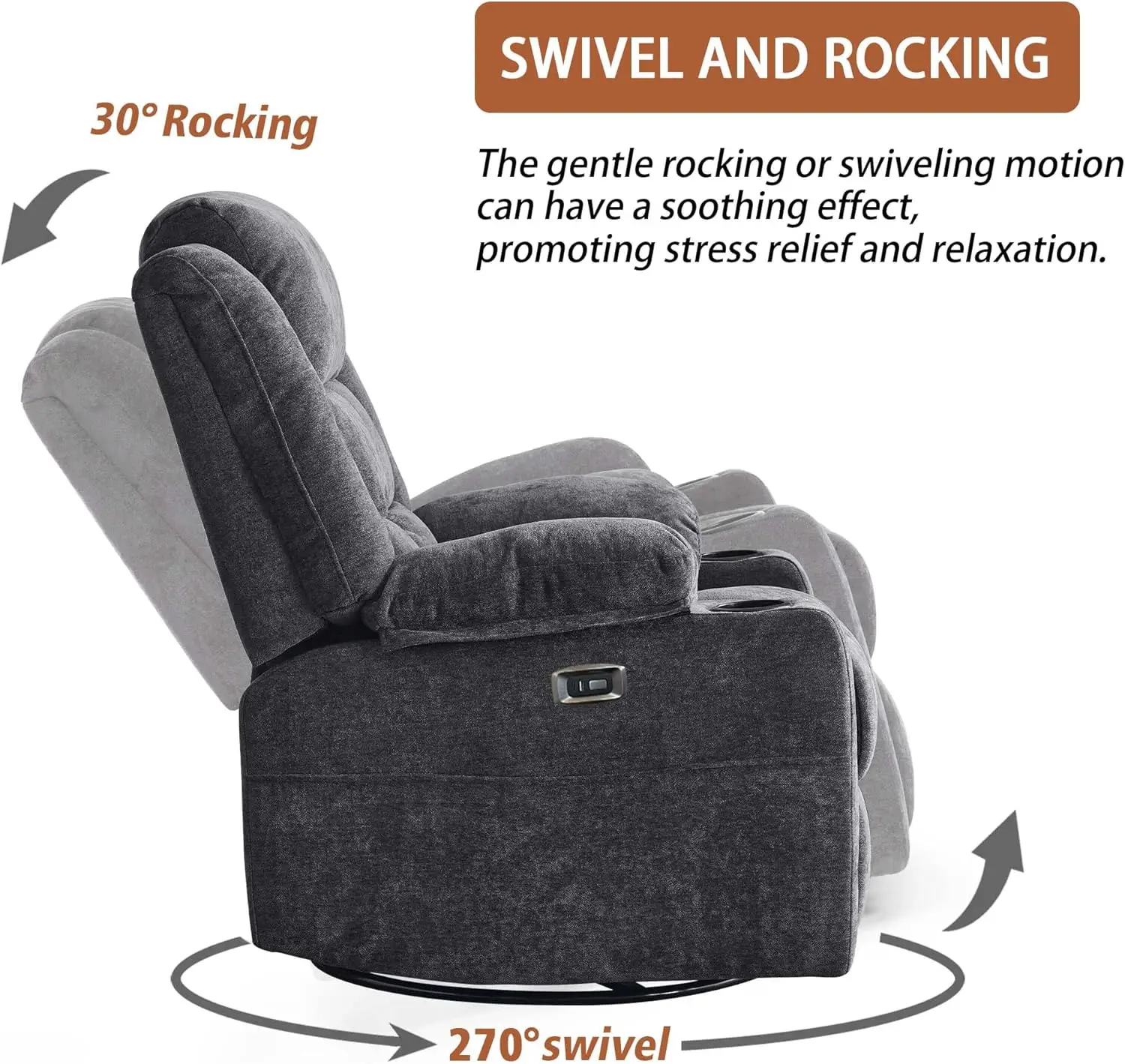 Silla reclinable Power Swivel Rocker para adultos con masaje, puertos USB y tipo C, posición infinita, planeador eléctrico reclinable S