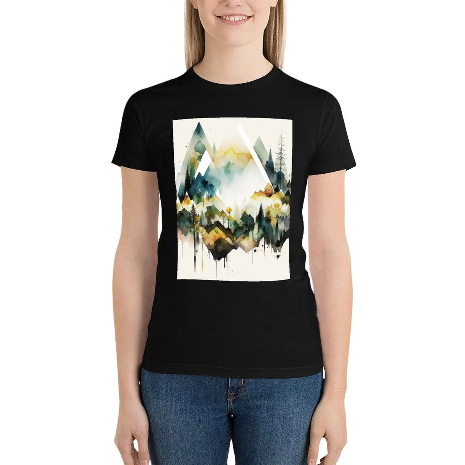 mountain geometric shapes watercolor T-Shirt Blouse Female clothing t shirts for Womens