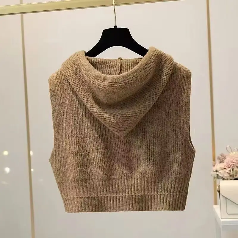 Women\'s Hooded Knitted Vests Draw String Retro Fashion Solid Female Autumn Sweaters Crops Minimalist Simple Sleeveless Zippers