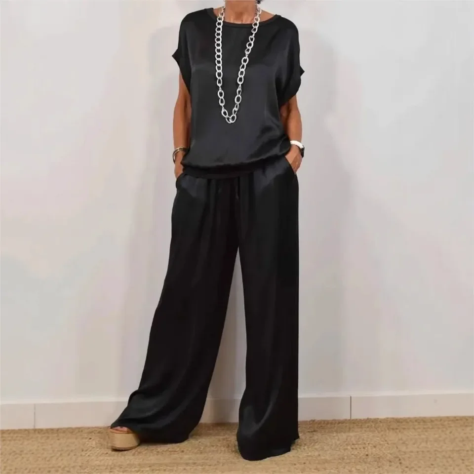 

Women Casual O Neck Solid Color Short Sleeve Pants 2 Piece Set 2025spring Summer Fashion Pants Pocket Female Two Piece Home Wear