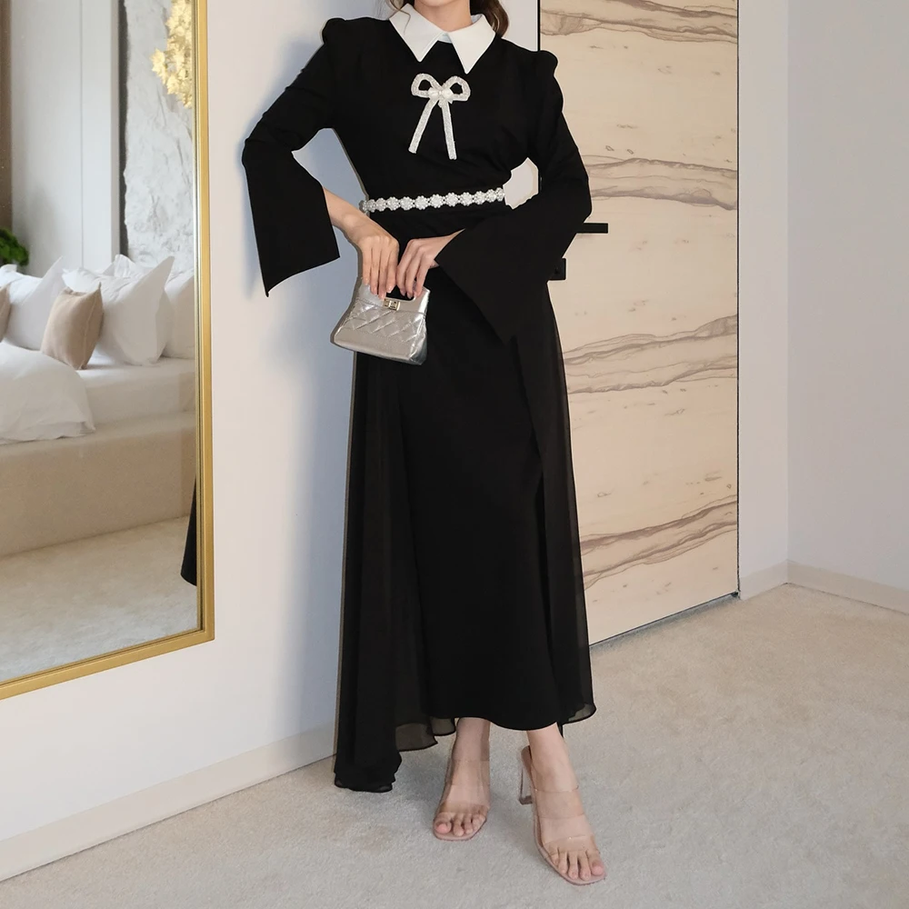 

Вечерние платья трапециевидной формы по индивидуальному заказу, длиной до щиколотки, с высоким воротником и длинными рукавами, платье для выпускного вечера, модное платье с бантом из бисера, простое драпированное вечернее платье