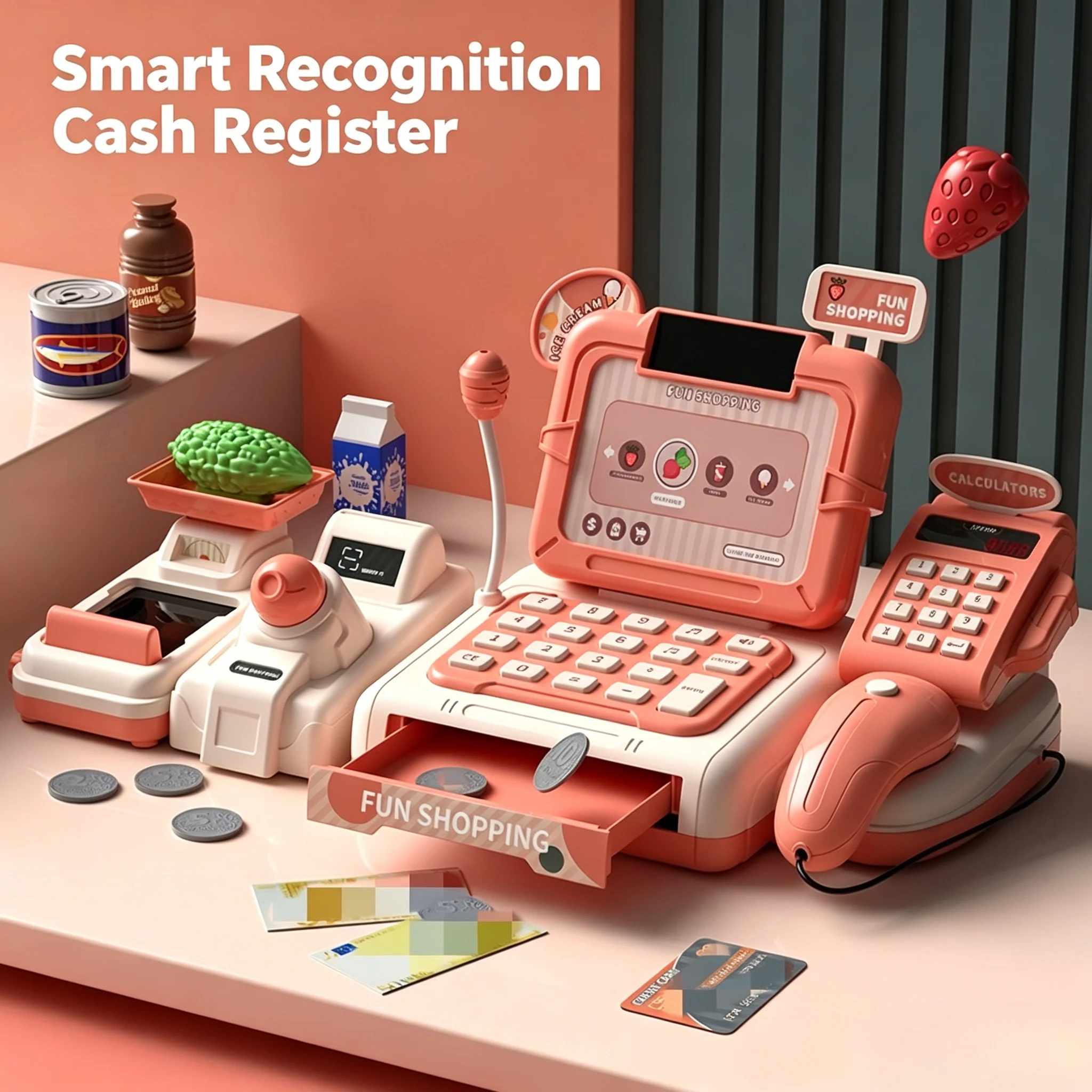 Children's play house simulation electric cash register toys, supermarket checkout page with shopping basket set gifts